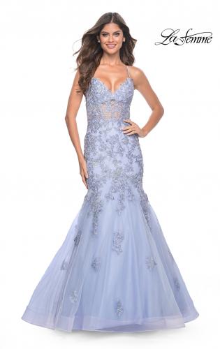 Picture of: Mermaid Lace Embellished Gown with Illusion Top in Lilac Mist, Style: 32004, Main Picture