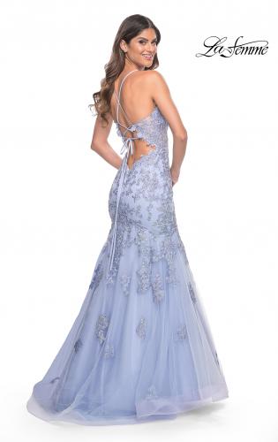 Picture of: Mermaid Lace Embellished Gown with Illusion Top in Lilac Mist, Style: 32004, Back Picture