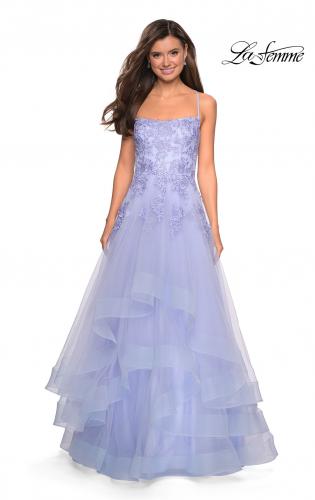 Picture of: Layered Tulle Dress with Lace Detail and Strappy Back in Lilac Mist, Style: 27694, Detail Picture 1