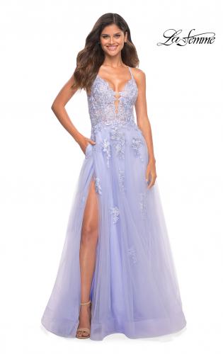 Picture of: Tulle A-line Dress with Jeweled Lace Appliques in Lilac Mist, Detail Picture 2