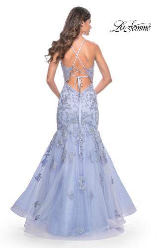 Picture of: Mermaid Lace Embellished Gown with Illusion Top in Lilac Mist, Style: 32004, Detail Picture 4