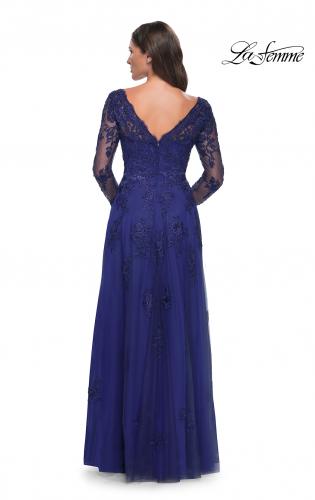 Picture of: Long Sleeve Lace and Tulle Dress with V Neckline in Marine Blue, Style: 30795, Back Picture