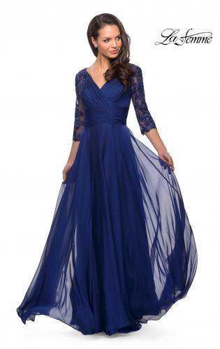 Picture of: Floor Length Chiffon Dress with Lace Sleeves in Marine Blue, Style: 27153, Detail Picture 4