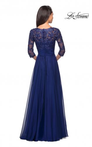 Picture of: Floor Length Chiffon Dress with Lace Sleeves in Marine Blue, Style: 27153, Detail Picture 5