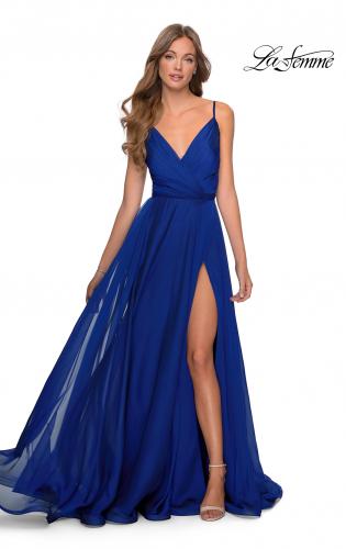 Picture of: Chiffon Prom Dress with Pleated Bodice and Pockets in Marine Blue, Style: 28611, Main Picture