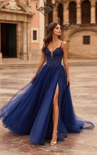 Picture of: Rhinestone Lace A-Line Gown with Sheer Bodice and Slit in Marine Blue, Style: 33674, Main Picture