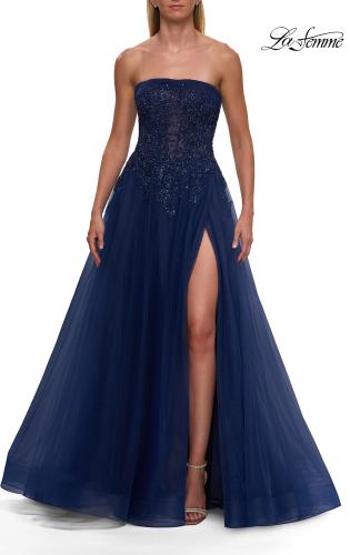 Picture of: Strapless A-Line Gown with Embroidered Corset and Slit in Marine Blue, Style: 33528, Detail Picture 8