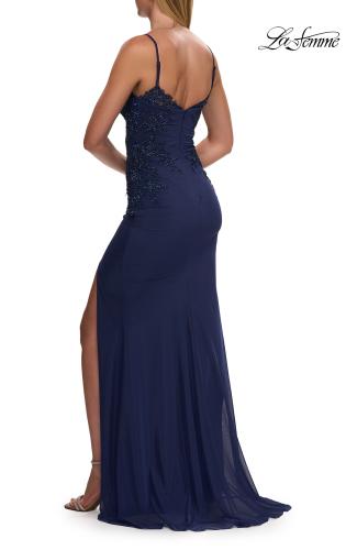 Picture of: Rhinestone Lace Jersey Gown with High Slit in Marine Blue, Style: 33587, Detail Picture 8