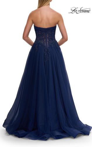 Picture of: Strapless A-Line Gown with Embroidered Corset and Slit in Marine Blue, Style: 33528, Detail Picture 9