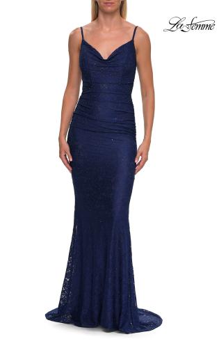 Picture of: Rhinestone Lace Gown with Draped Neckline and Open Back in Marine Blue, Style: 33264, Detail Picture 10