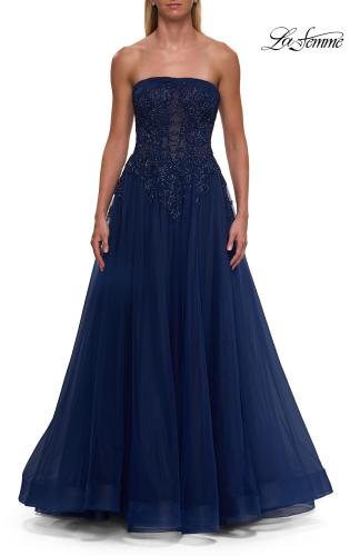 Picture of: Strapless A-Line Gown with Embroidered Corset and Slit in Marine Blue, Style: 33528, Detail Picture 10
