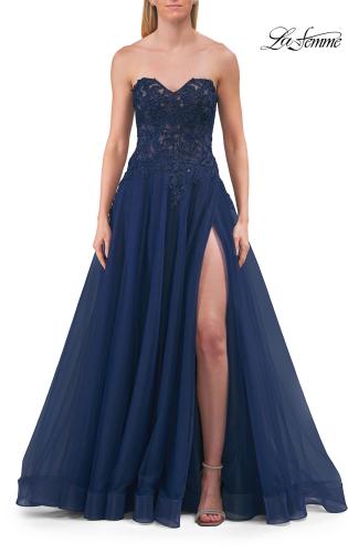 Picture of: Illusion Embroidered Lace Tulle Gown with Slit in Marine Blue, Style: 33551, Detail Picture 10