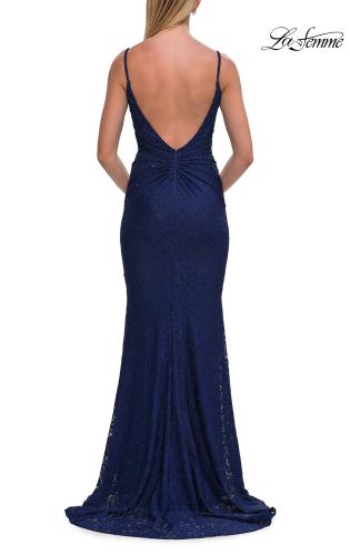 Picture of: Rhinestone Lace Gown with Draped Neckline and Open Back in Marine Blue, Style: 33264, Detail Picture 11