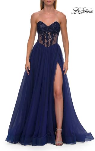 Picture of: Strapless Corset Gown with Tulle Skirt and High Slit in Marine Blue, Style: 33491, Detail Picture 11
