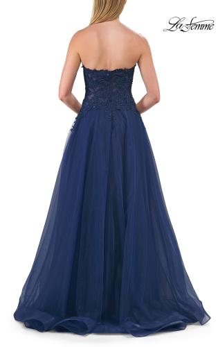 Picture of: Illusion Embroidered Lace Tulle Gown with Slit in Marine Blue, Style: 33551, Detail Picture 11