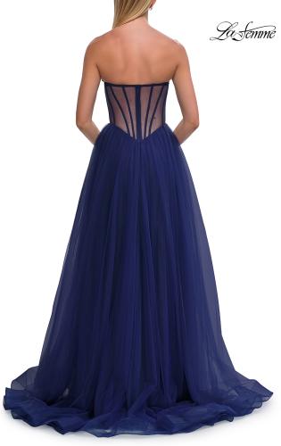 Picture of: Strapless Corset Gown with Tulle Skirt and High Slit in Marine Blue, Style: 33491, Detail Picture 12