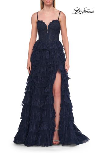 Picture of: Tiered Lace A-Line Gown with Corset Bodice and Slit in Marine Blue, Style: 33525, Detail Picture 12