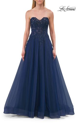 Picture of: Illusion Embroidered Lace Tulle Gown with Slit in Marine Blue, Style: 33551, Detail Picture 12