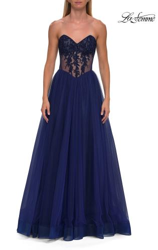 Picture of: Strapless Corset Gown with Tulle Skirt and High Slit in Marine Blue, Style: 33491, Detail Picture 13