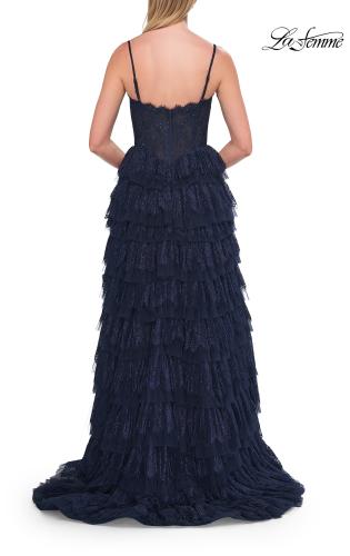 Picture of: Tiered Lace A-Line Gown with Corset Bodice and Slit in Marine Blue, Style: 33525, Detail Picture 13