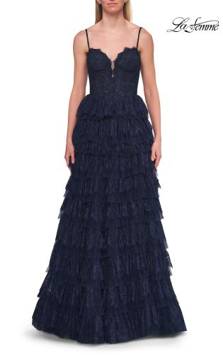 Picture of: Tiered Lace A-Line Gown with Corset Bodice and Slit in Marine Blue, Style: 33525, Detail Picture 14