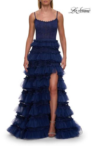 Picture of: Tiered Ruffle Gown with Beaded Bodice and High Slit in Marine Blue, Style: 33493, Detail Picture 16