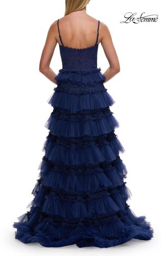 Picture of: Tiered Ruffle Gown with Beaded Bodice and High Slit in Marine Blue, Style: 33493, Detail Picture 17