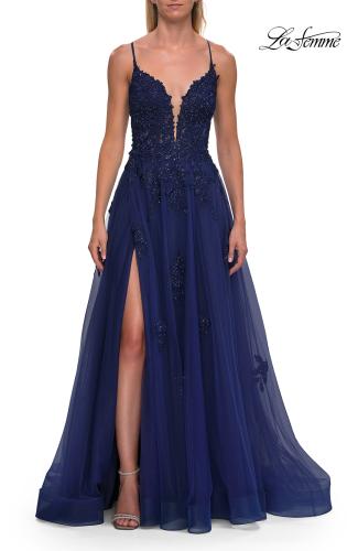 Picture of: Floral Beaded Tulle Gown with Slit and Lace-Up Back in Marine Blue, Style: 33716, Detail Picture 17