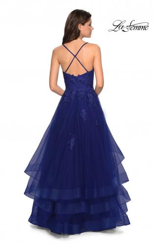 Picture of: Layered Tulle Dress with Lace Detail and Strappy Back in Marine Blue, Style: 27694, Back Picture