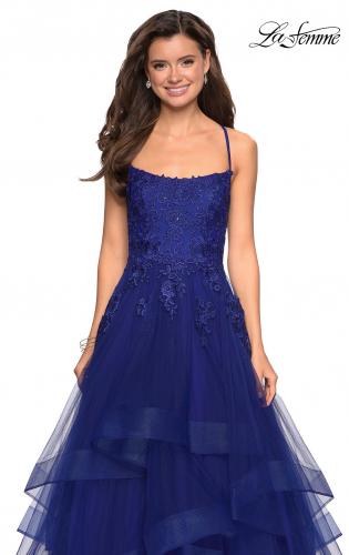 Picture of: Layered Tulle Dress with Lace Detail and Strappy Back in Marine Blue, Style: 27694, Detail Picture 3