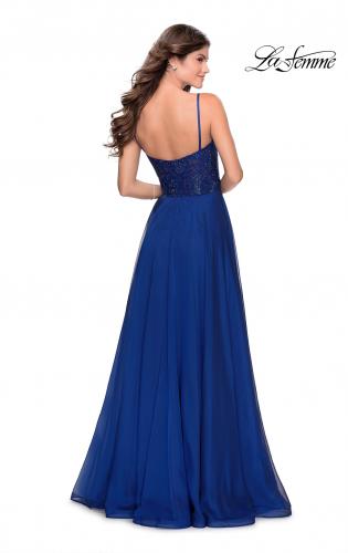 Picture of: Chiffon Prom Dress with Sheer Floral Lace Bodice in Marine Blue, Style: 28664, Detail Picture 5