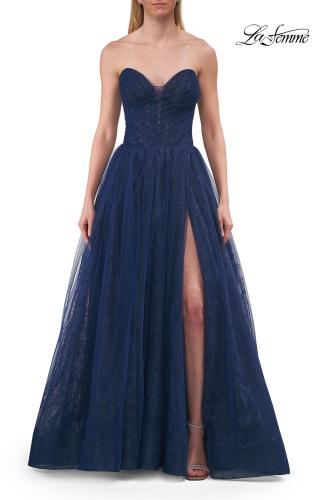 Picture of: Strapless A-Line Gown with Sheer Corset Bodice and High Slit in Marine Blue, Style: 33307, Detail Picture 5
