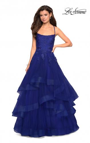 Picture of: Layered Tulle Dress with Lace Detail and Strappy Back in Marine Blue, Style: 27694, Detail Picture 6