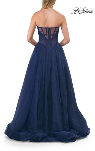 Picture of: Strapless A-Line Gown with Sheer Corset Bodice and High Slit in Marine Blue, Style: 33307, Detail Picture 6