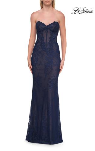 Picture of: Strapless Rhinestone Lace Gown with Sheer Corset Bodice in Marine Blue, Style: 33518, Detail Picture 6