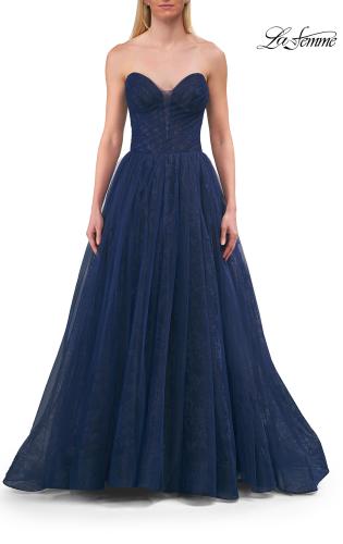 Picture of: Strapless A-Line Gown with Sheer Corset Bodice and High Slit in Marine Blue, Style: 33307, Detail Picture 7