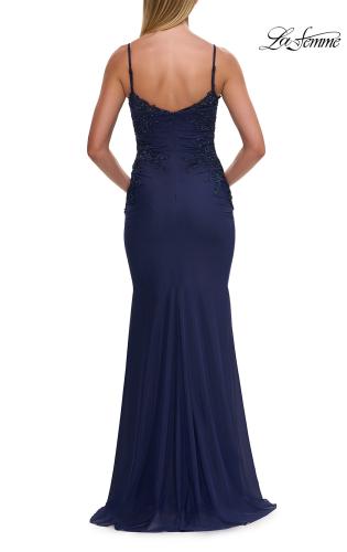 Picture of: Rhinestone Lace Jersey Gown with High Slit in Marine Blue, Style: 33587, Detail Picture 7