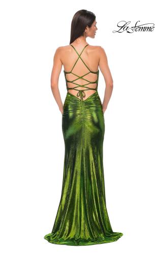 Picture of: Ruched Metallic Jersey Dress with Open Lace Up Back in Matcha , Style 32945, Detail Picture 8