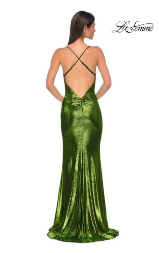 Picture of: Simple Metallic Jersey Dress with Draped Neckline and Low Back in Matcha , Style 32782, Detail Picture 14