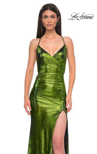 Picture of: Ruched Metallic Jersey Dress with Open Lace Up Back in Matcha , Style 32945, Detail Picture 15