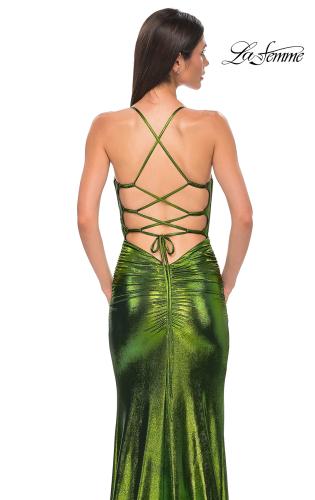 Picture of: Ruched Metallic Jersey Dress with Open Lace Up Back in Matcha , Style 32945, Detail Picture 16