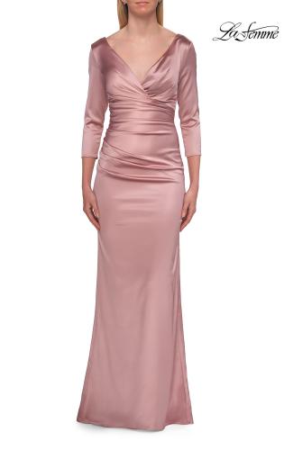 Picture of: V-Neck Satin Gown with Ruched Bodice and Three-Quarter Sleeves in Mauve, Style: 33152, Detail Picture 11
