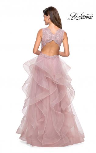 Picture of: Long Layered Tulle Dress with Lace Embellished Bodice Mauve, Style: 27570, Back Picture