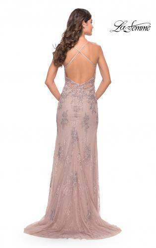 Picture of: Long Gown with Lace Applique and High Slit in Mauve, Style: 30794, Back Picture