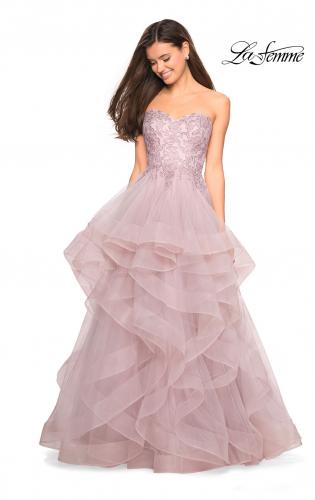 Picture of: Strapless Tulle Prom Gown with Lace Embellishments in Mauve, Style: 27620, Detail Picture 1