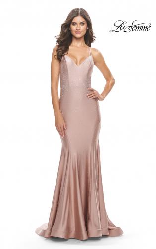 Picture of: Rhinestone Jersey Mermaid Gown with Open Back in Mauve, Style: 31220, Detail Picture 1