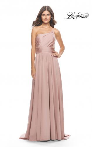 Picture of: Chic One Shoulder Long Jersey Gown with Defined Waist in Mauve, Style: 31170, Detail Picture 7