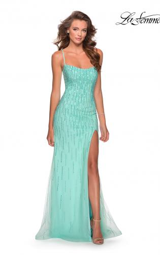 Picture of: Long Jeweled Pastel Prom Gown with Lace Up Back in Mint, Style: 28622, Main Picture