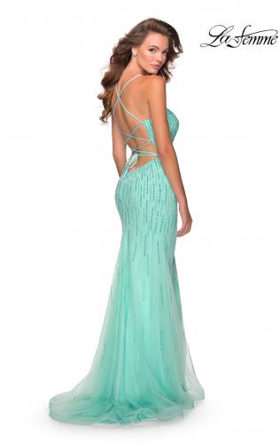 Picture of: Long Jeweled Pastel Prom Gown with Lace Up Back in Mint, Style: 28622, Detail Picture 9