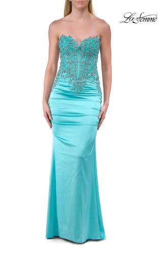 Picture of: Strapless Beaded Corset Gown with Ruching and Lace-Up Back in Mint, Style: 33765, Detail Picture 9